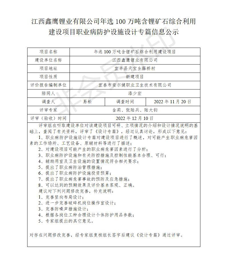 1671433536918029.jpg 江西鑫鷹鋰業(yè)有限公司年選100萬(wàn)噸含鋰礦石綜合利用建設(shè)項(xiàng)目職業(yè)病防護(hù)設(shè)施設(shè)計(jì)專篇信息公示_01.jpg