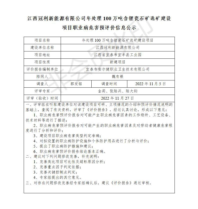 1671433616690504.jpg 江西冠利新能源有限公司年處理100萬噸含鋰瓷石礦選礦建設(shè)項目職業(yè)病危害預(yù)評價信息公示_01.jpg