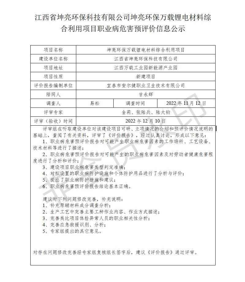 江西省坤亮環(huán)?？萍加邢薰纠ち镰h(huán)保萬載鋰電材料綜合利用項目職業(yè)病危害預評價信息公示.jpg