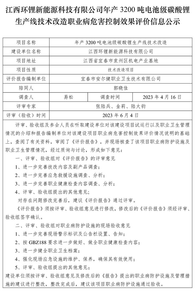 1685956885620660.jpg 江西環(huán)鋰新能源科技有限公司年產(chǎn)3200噸電池級碳酸鋰生產(chǎn)線技術(shù)改造職業(yè)病危害控制效果評價信息公示.jpg